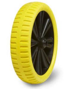 Roue complète INCREVABLE - Starco Flex Lite ST-18 - Bandage Polyuréthane Jaune 39-12E  / Jante polypropylène noire - Moyeu tube lisse de Ø35x71