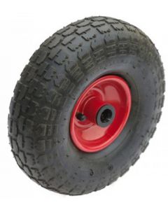 Roue complète GONFLABLE de manutention - 4.10/3.50-4 TT 4PR - Jante acier rouge en 1 partie - ET0 - Moyeu roulements à rouleaux Ø20x75 - CA valve coudée 90/90