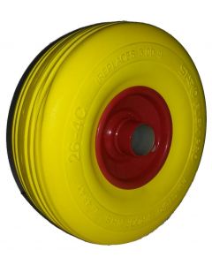 Roue complète INCREVABLE - Starco Flex PRO ST-31 Jaune - 26-4C - Bandage Polyuréthane 3.00-4 (260x85) / Jante rouge en acier 2.10Ax4  - Moyeu tube lisse de Ø35x71
