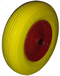 Roue complète INCREVABLE - Starco Flex PRO ST-11 - Bandage Polyuréthane Jaune 39-8A  / Jante Acier rouge GO 2.50Ax8 H - Moyeu tube lisse de Ø35x71 - Capacité de charge 218 kgs