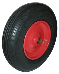 Roue complète INCREVABLE - Starco Flex PRO ST-11 - Bandage Polyuréthane Noir 39-8A  / Jante Acier rouge GO 2.50Ax8 H - Moyeu tube lisse de Ø35x71 - Capacité de charge 218 kgs