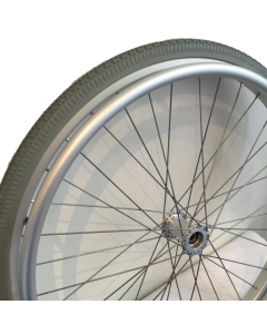 Roue orthopédique INCREVABLE - Bandage Gris caoutchouc sur jante alu anodisée incolore rayonnée et main courante alu - Ø620x25 -  Moyeu roulement à billes (6001 RS) de Ø12x53 