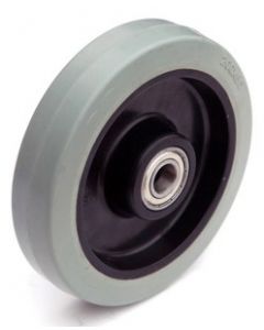 Roue complète à bandage caoutchouc élastique non tachant Gris Ø125x36 / Jante noire en polyamide - Moyeu Roulement à billes de Ø15x45 - Capacité de charge de 200 kgs