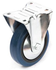 Roulette FIXE avec roue Ø100x36 en Bandage Caoutchouc ÉLASTIQUE bleu + Platine 4 trous 80x60 mm - Moyeu roulement à rouleaux - Hauteur totale de 128 mm