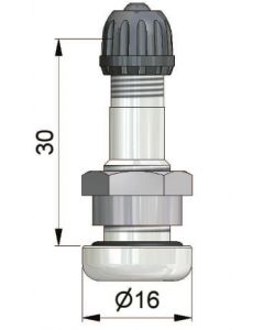 Valve droite de 30 mm en alliage légé - pour trou de jante de 9,7 mm - Presssion maxi à froid de 4,5 bars - Couple de serrage ecrou de 10 à 12 N.m.