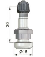 Valve droite de 30 mm en alliage légé - pour trou de jante de 9,7 mm - Presssion maxi à froid de 4,5 bars - Couple de serrage ecrou de 10 à 12 N.m.